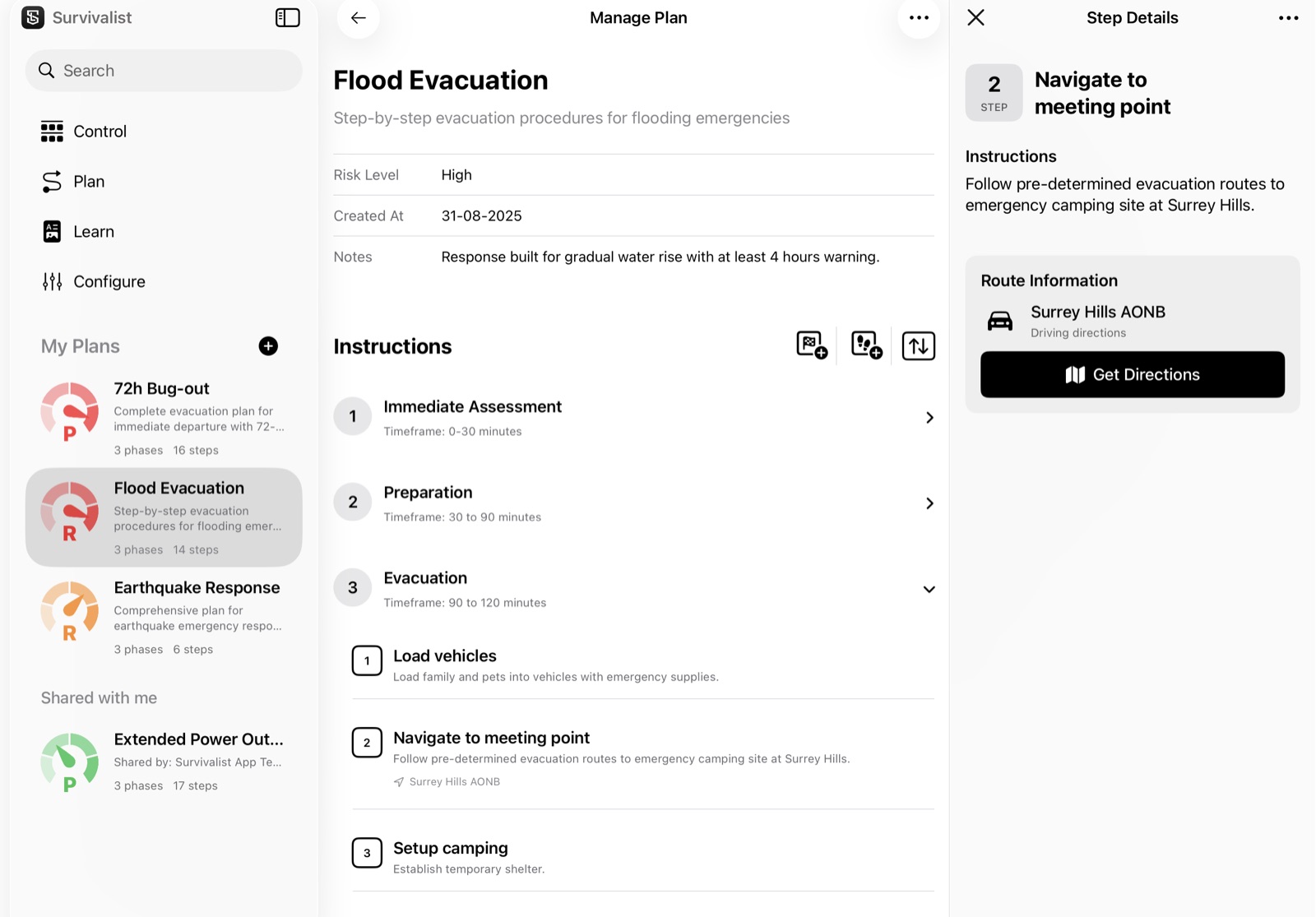 Survivalist on a tablet with the plan list, a plan and a step's route side by side